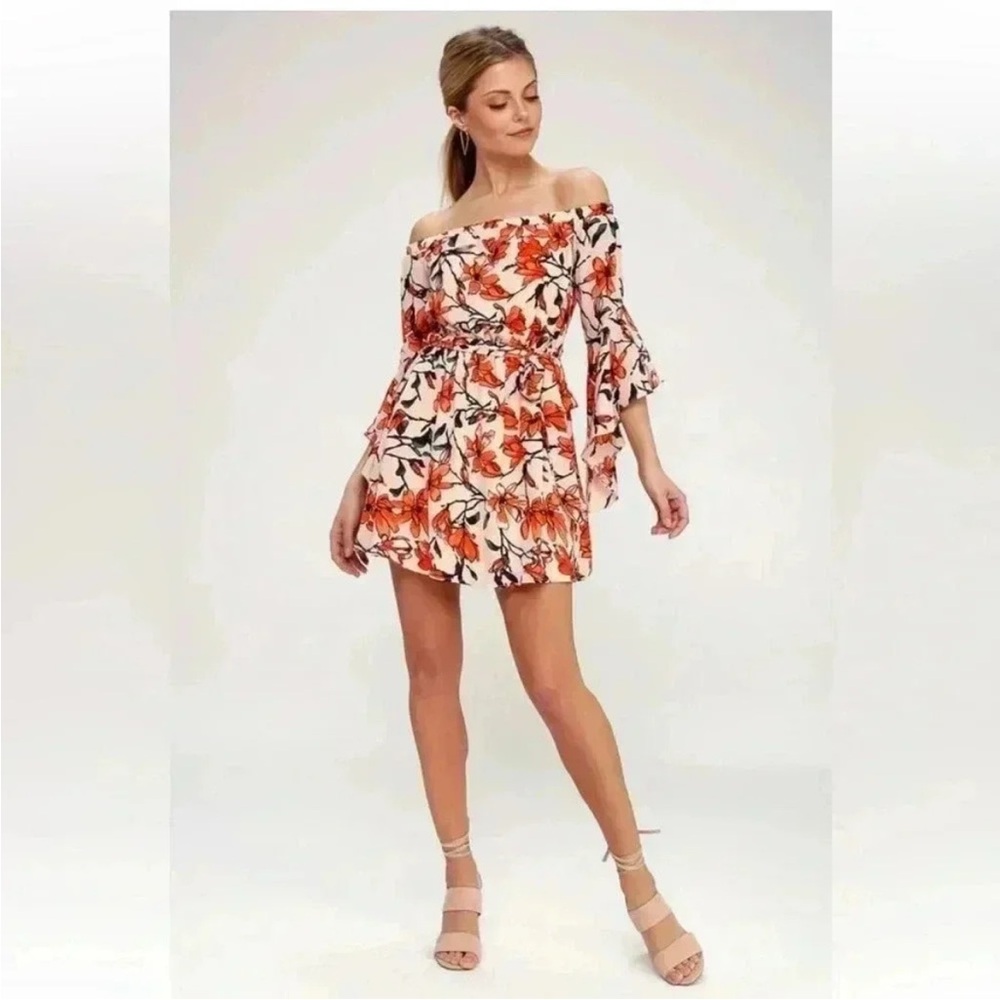 Lulu’s Blushing Blooms Nude Floral Print Off The Shoulder Dress S - Picture 2 of 3